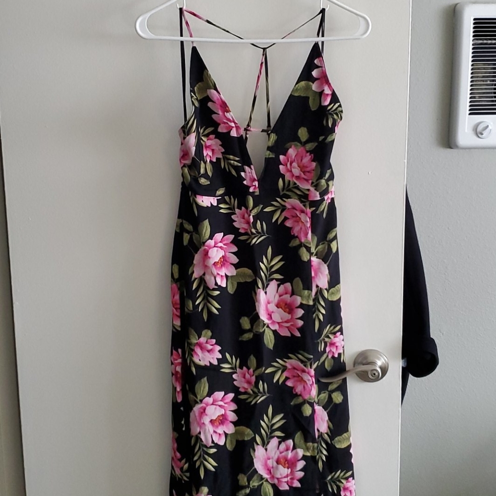 Long black maxi dress with pink flowers
